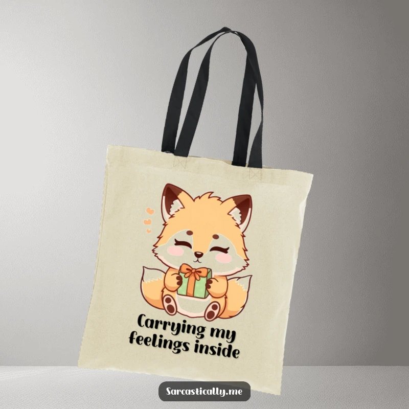 Funny tote bag with a fluffy fox sighing with raised eyebrows while accepting a gift, symbolizing weary acceptance.