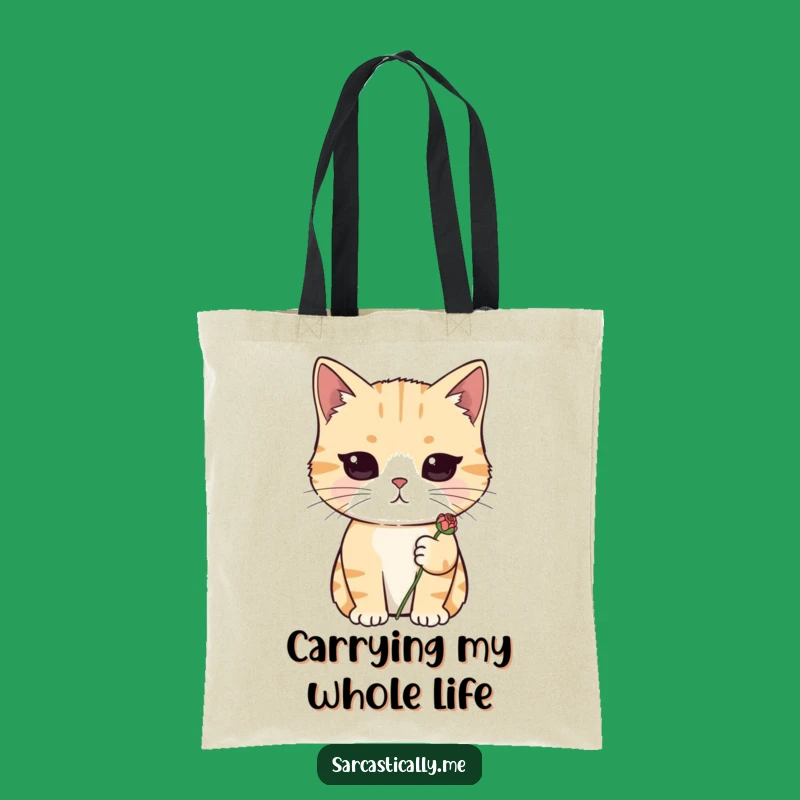 Funny Deadpan Cat Tote Bag: Cute Wilted Flower Carry-All Gift