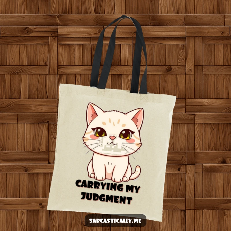 Funny cat tote bag, designed with a cat sporting a raised eyebrow and tilted head, perfect for conveying sass and carrying essentials.