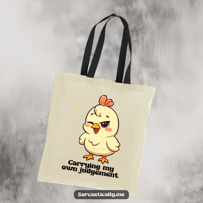 Funny tote bag with a happy chicken giving a squinted eye, looking unimpressed by a shiny object, symbolizing discerning humor.