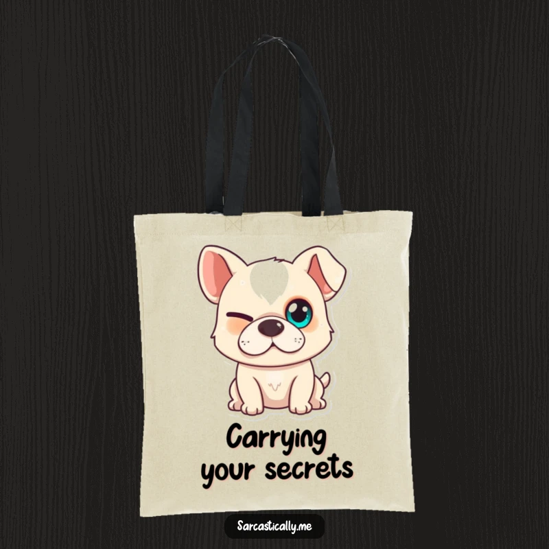 Funny dog tote bag with a prominent squinted eye and slight smirk, perfect for daily errands and humor.