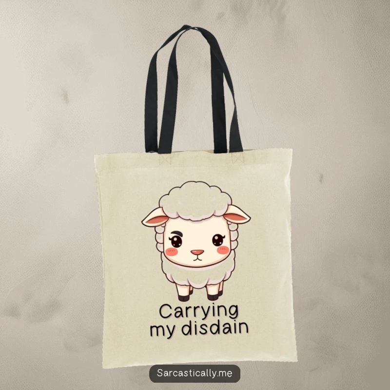 Funny sheep tote bag with a prominent arched eyebrow and pursed lips, ideal for carrying groceries or daily items humorously.